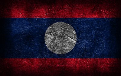 4k, लाओस झंडा, पत्थर की बनावट, लाओस का झंडा, पत्थर की पृष्ठभूमि, ग्रंज कला, लाओस के राष्ट्रीय प्रतीक, लाओस