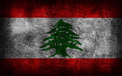 4k, 레바논 국기, 돌 질감, 레바논의 국기, 돌 배경, 그런지 아트, 레바논 국가 상징, 레바논