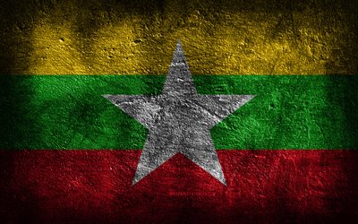4k, 미얀마 국기, 돌 질감, 미얀마의 국기, 돌 배경, 그런지 아트, 미얀마 국가 상징, 미얀마