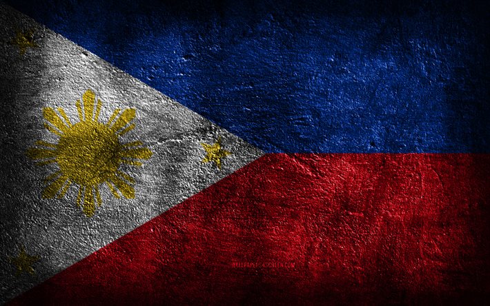 4k, 필리핀 국기, 돌 질감, 필리핀의 국기, 돌 배경, 그런지 아트, 필리핀 국가 상징, 필리핀 제도