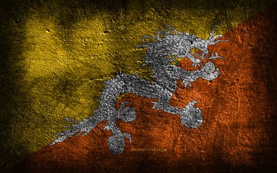 4k, Bhutan flag, stone texture, Flag of Bhutan, stone background, grunge art, Bhutan national symbols, Bhutan