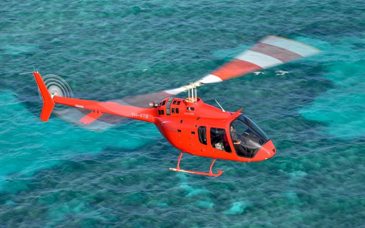 bell 505 jet ranger x, meri, monikäyttöhelikopterit, lentävät helikopterit, siviili-ilmailu, punainen helikopteri, ilmailu, bell, kuvia helikopterilla