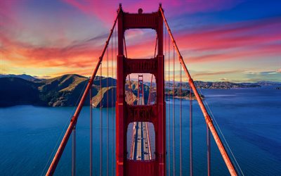 Golden Gate Bridge, San Francisco, aerial view, red bridge, evening, sunset, San Francisco skyline, California, USA
