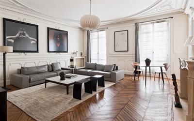 design de interiores elegante, sala de estar, estilo francês, estilo de interior clássico, ideia de sala de estar, neoclassicismo, design de interiores moderno, sofá cinza