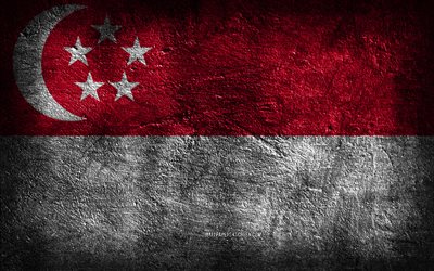 4k, bandiera di singapore, struttura di pietra, sfondo di pietra, arte del grunge, simboli nazionali di singapore, singapore