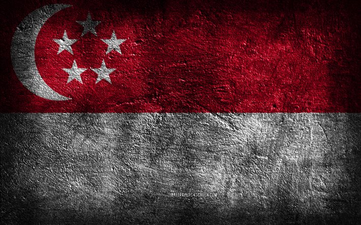 4k, singaporen lippu, kivirakenne, kivi tausta, grunge-taide, singaporen kansalliset symbolit, singapore