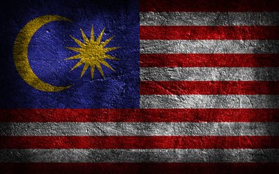 4k, 말레이시아 국기, 돌 질감, 말레이시아의 국기, 돌 배경, 그런지 아트, 말레이시아 국가 상징, 말레이시아