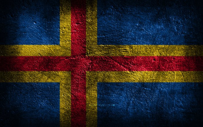 4k, ålands flagga, stenstruktur, stenbakgrund, grungekonst, ålands nationella symboler, ålandsöarna