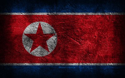 4k, 북한 국기, 돌 질감, 북한의 국기, 돌 배경, 그런지 아트, 북한 국가 상징, 북한