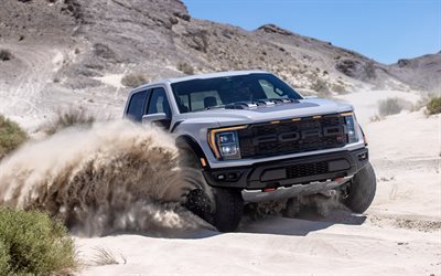 2023, Ford F-150 Raptor R, front view, exterior, sand driving, new beige F-150 Raptor R, F-150 Raptor tuning, american cars, Ford