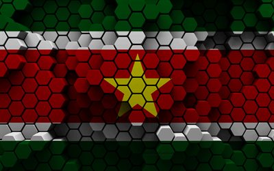 4k, スリナムの国旗, 3d六角形の背景, スリナム3dフラグ, 3d六角形テクスチャ, スリナムの国家シンボル, スリナムの日, スリナム, 3d背景, 3dスリナムの国旗
