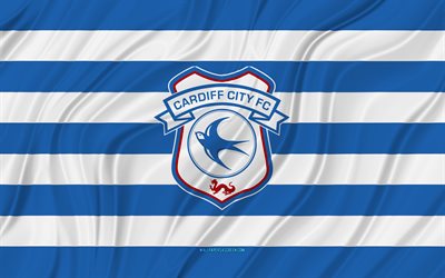 カーディフシティfc, 4k, 青白の波状の旗, チャンピオンシップ, フットボール, 3dファブリックフラグ, カーディフシティfc旗, サッカー, カーディフシティfcのロゴ, イギリスのサッカークラブ, fcカーディフシティ