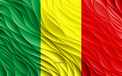 4k, علم مالي, أعلام 3d متموجة, الدول الافريقية, يوم مالي, موجات ثلاثية الأبعاد, الرموز الوطنية المالية, مالي