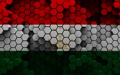 4k, bandera de tayikistán, fondo hexagonal 3d, bandera 3d de tayikistán, textura hexagonal 3d, símbolos nacionales de tayikistán, día de tayikistán, fondo 3d, tayikistán