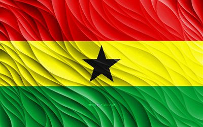 4k, 가나 국기, 물결 모양의 3d 플래그, 아프리카 국가, 가나의 국기, 가나의 날, 3d 파도, 가나 국가 상징, 가나