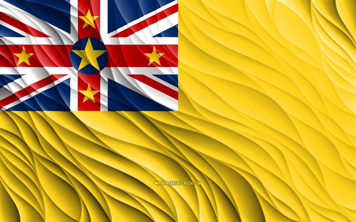 4k, bandera de niue, banderas 3d onduladas, países de oceanía, día de niue, ondas 3d, símbolos nacionales de niue, niue