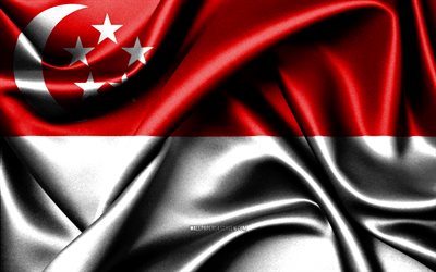 علم سنغافورة, 4k, الدول الآسيوية, أعلام النسيج, يوم سنغافورة, أعلام الحرير متموجة, آسيا, الرموز الوطنية السنغافورية, سنغافورة