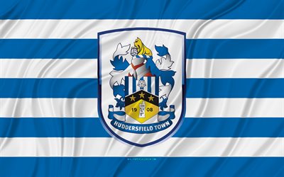 huddersfield town fc, 4k, bandiera ondulata bianca blu, campionato, calcio, bandiere in tessuto 3d, bandiera dell huddersfield town fc, logo dell huddersfield town fc, squadra di calcio inglese, fc huddersfield town