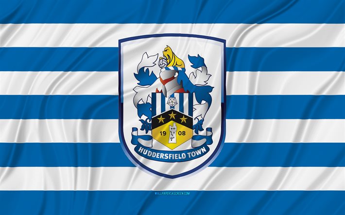 huddersfield town fc, 4k, azul branco bandeira ondulada, campeonato, futebol, 3d tecido bandeiras, huddersfield town fc bandeira, huddersfield town fc logotipo, clube de futebol inglês, fc huddersfield town
