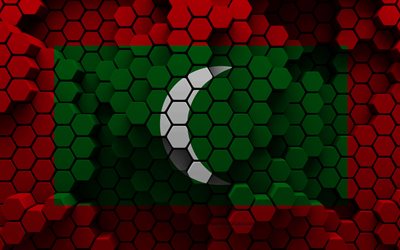 4k, モルディブの旗, 3d六角形の背景, モルディブの3dフラグ, 3d六角形テクスチャ, モルディブの国家のシンボル, モルディブの日, モルディブ, 3d背景, 3dモルディブの旗