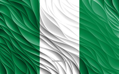 4k, 나이지리아 국기, 물결 모양의 3d 플래그, 아프리카 국가, 나이지리아의 국기, 나이지리아의 날, 3d 파도, 나이지리아 국가 상징, 나이지리아
