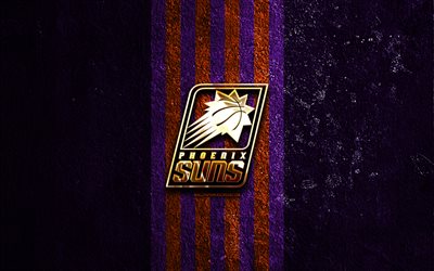 フェニックスサンズのゴールデンロゴ, 4k, 紫の石の背景, nba, アメリカのバスケットボールチーム, フェニックスサンズのロゴ, バスケットボール, フェニックスサンズ