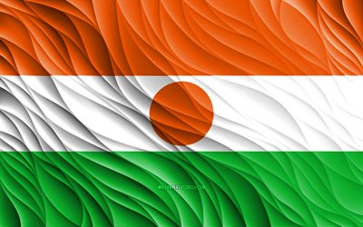 4k, ニジェールの国旗, 波状の3dフラグ, アフリカ諸国, ニジェールの日, 3d波, ニジェールの国家のシンボル, ニジェール