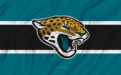 jacksonville jaguars, 4k, bandiera ondulata nera blu, nfl, football americano, bandiere in tessuto 3d, bandiera jacksonville jaguars, squadra di football americano, logo jacksonville jaguars