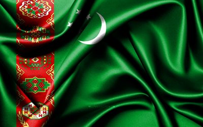 turkmenistans flagga, 4k, asiatiska länder, tygflaggor, turkmenistans dag, vågiga sidenflaggor, asien, turkmenistans nationella symboler, turkmenistan