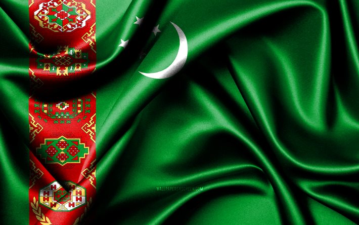 turkmenistanin lippu, 4k, aasian maat, kangasliput, turkmenistanin päivä, aaltoilevat silkkiliput, aasia, turkmenistanin kansalliset symbolit, turkmenistan