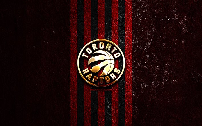 Toronto Raptors golden logo, 4k, red stone background, NBA, american basketball team, Toronto Raptors logo, basketball, Toronto Raptors