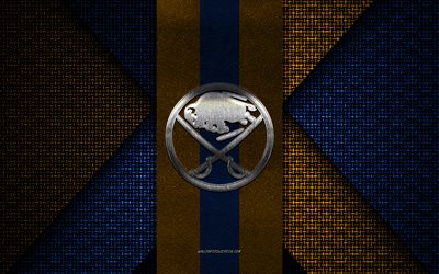 sabres de buffalo, nhl, texture tricotée bleu jaune, logo des sabres de buffalo, club de hockey américain, emblème des sabres de buffalo, hockey, buffalo, états-unis
