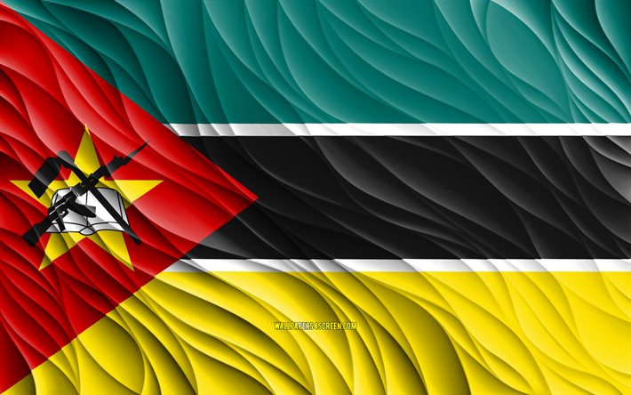 4k, علم موزمبيق, أعلام 3d متموجة, الدول الافريقية, يوم موزمبيق, موجات ثلاثية الأبعاد, الرموز الوطنية الموزمبيقية, موزمبيق