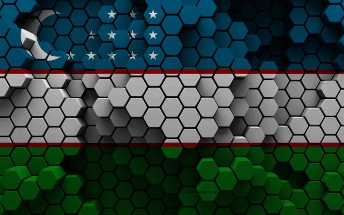 4k, Flag of Uzbekistan, 3d hexagon background, Uzbekistan 3d flag, Day of Uzbekistan, 3d hexagon texture, Uzbekistan national symbols, Uzbekistan, 3d background, 3d Uzbekistan flag