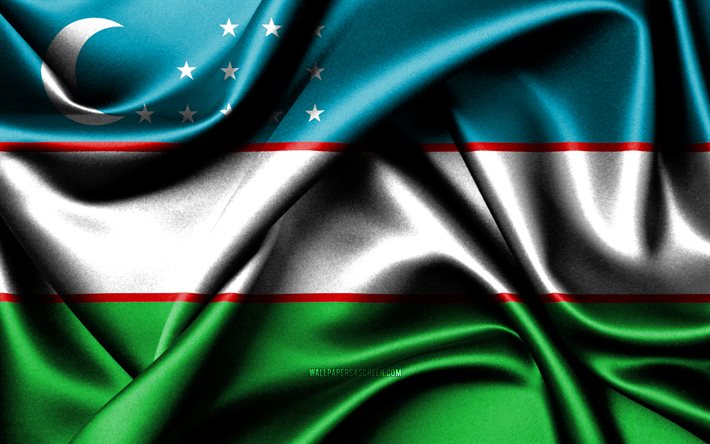 ウズベキスタンの旗, 4k, アジア諸国, ファブリックフラグ, ウズベキスタンの日, 波状のシルクの旗, アジア, ウズベキスタンの国家シンボル, ウズベキスタン