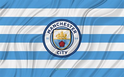 manchester city fc, 4k, blå vit vågig flagga, premier league, fotboll, 3d tygflaggor, manchester city flagga, manchester city logotyp, engelsk fotbollsklubb, fc manchester city, man city