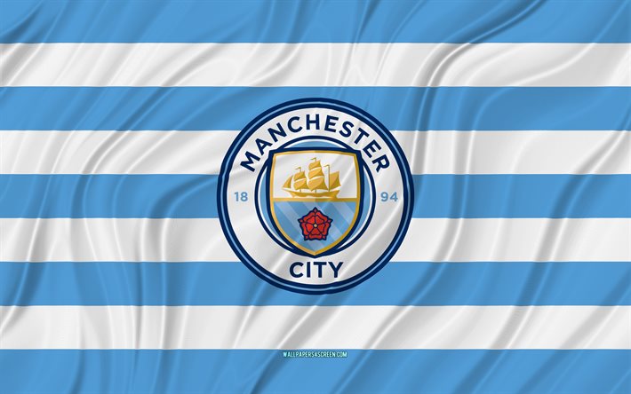 manchester city fc, 4k, sininen valkoinen aaltoileva lippu, premier league, jalkapallo, 3d kangasliput, manchester cityn lippu, manchester cityn logo, englantilainen jalkapalloseura, fc manchester city, man city