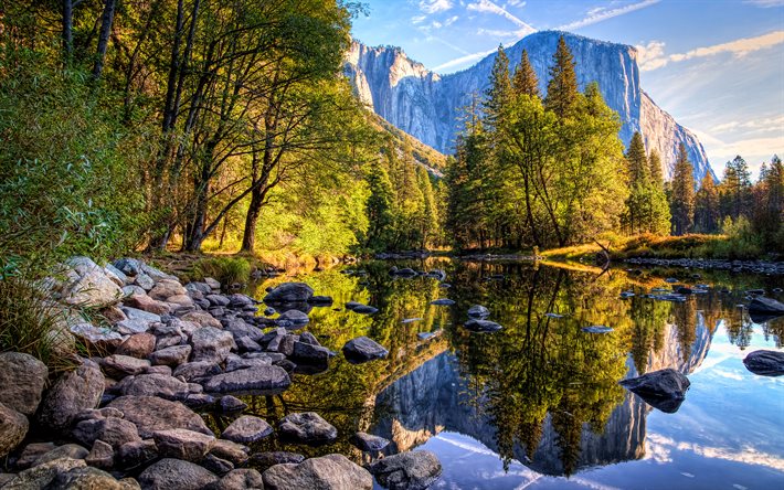 yosemite ulusal parkı, 4k, nehir, yaz, dağlar, california, amerika, abd, güzel bir doğa, orman, amerikan yerlerinden