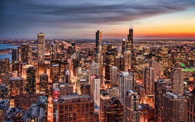 chicago, kväll, solnedgång, skyskrapor, willis tower, chicago stadsbild, trump international hotel, chicago panorama, chicago skyline, illinois, usa