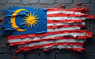4k, malaysia flag, schwarzer ziegel, malen sie kunst, malaysische flagge, asiatische länder, lackspritzer, flagge von malaysia, kunstwerk, asien, malaysische nationale symbole, malaysia 3d  flagge, malaysia