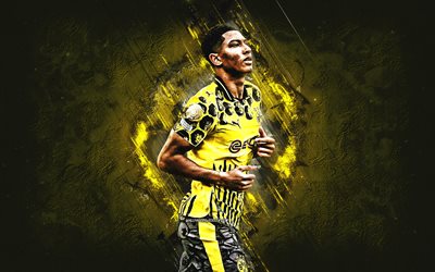 jobe bellingham, borussia dortmund, englischer fußballer, jobe bellingham bvb, gelber steinhintergrund, grunge  kunst, bvb, bundesliga, deutschland, jobe bellingham borussia dortmund