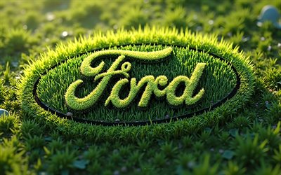 logotipo de ford hecho de hierba verde, 4k, ford emblema, antecedentes de la naturaleza, logotipo de ford, logotipo de ford grass, signo de ford, arte 3d, vado