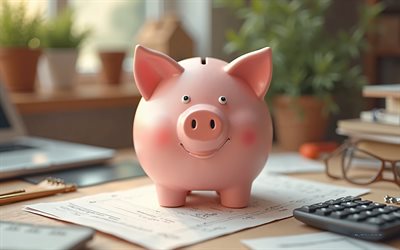 banco pink piggy, 4k, conceptos de dinero seguro, calculadora, ahorro y planificación financiera, hucha, antecedentes de piggy bank, ahorro de dinero