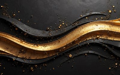 Black and gold background, 4k, stone black texture, black waves background, stone waves texture, gold waves on a black background, gold 3d waves, stone background