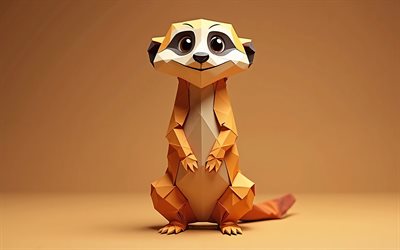 कार्टून मेर्काट, 4k, origami, कार्टून जानवर, भूरे रंग की पृष्ठभूमि, 3 डी कला, ओरिगेमी एनिमल, द मीरकैट्स, ओरिगेमी मेर्काट, अतिसूक्ष्मवाद, meerkat