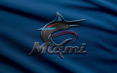 logotipo de tela de miami marlins, 4k, fondo de tela azul, mlb, bokeh, logotipo de miami marlins, béisbol, emblema de miami marlins, eeuu, equipo de béisbol americano, miami marlins