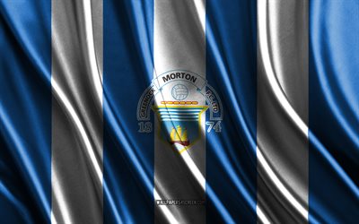 4k, logotipo de greenock morton fc, premier league escocés, textura de seda blanca azul, bandera de greenock morton fc, club de fútbol escocés, fútbol, bandera de seda, greenock morton fc emblem, escocia, insignia de greenock morton fc, greenock morton fc