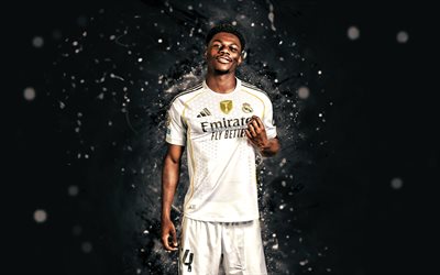 Aurelien Tchouameni, 4k, white neon lights, Real Madrid, La Liga, French footballers, Aurelien Tchouameni 4K, football, soccer, LaLiga, Real Madrid CF, Real Madrid FC, Aurelien Tchouameni Real Madrid