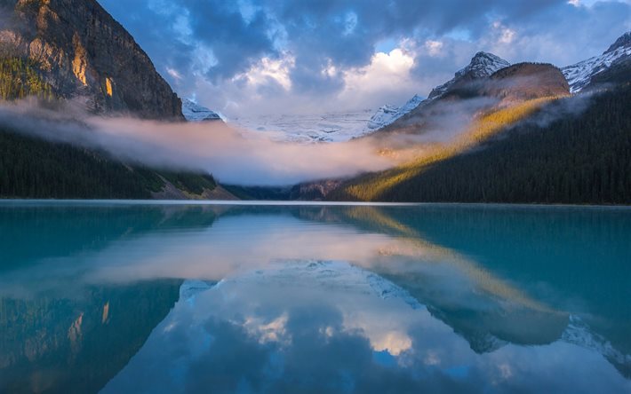 parque nacional de banff, lago, montanhas, nevoeiro, canadá