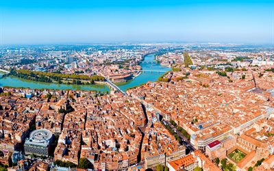 Toulouse, 4k, Garonne river, aerial view, Toulouse panorama, summer, morning, French cities, Toulouse cityscape, Pyrenees, France